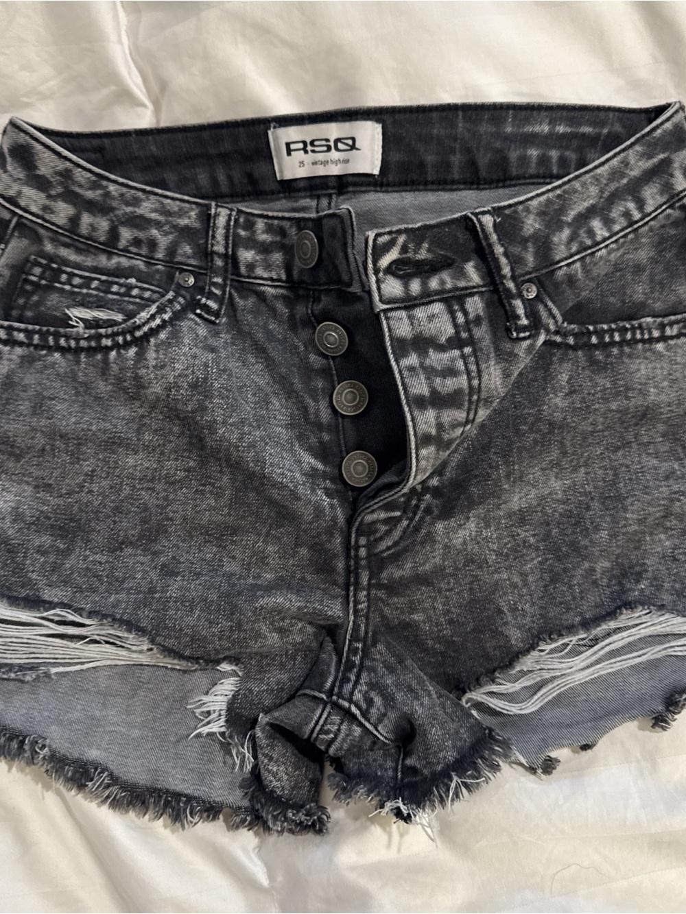 RSQ Black Gray Acid-Wash Distressed Denim Shorts